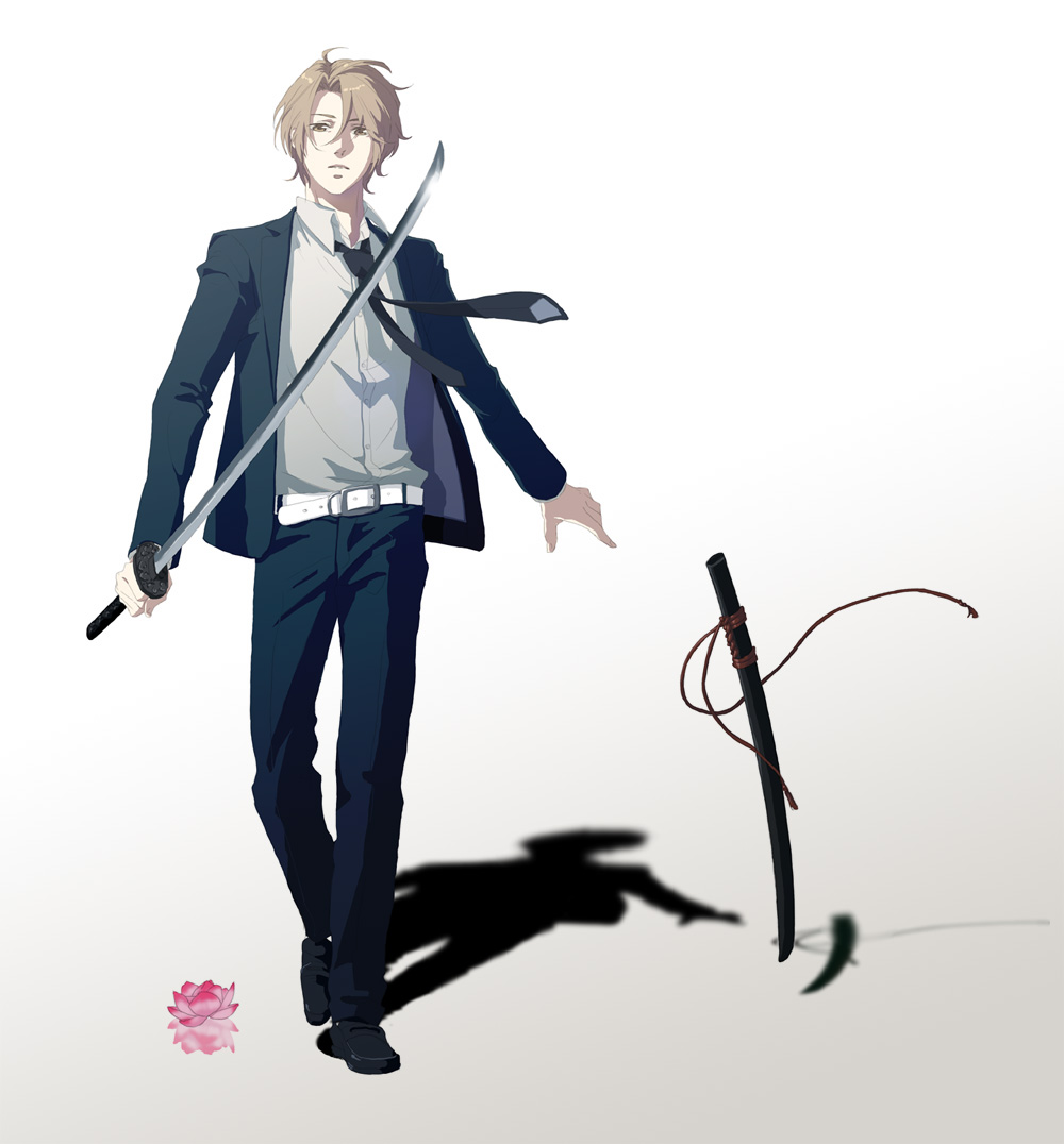 00s, bad_id, bad_pixiv_id, belt, brown_eyes, brown_hair, ikasumi, katana, koizumi_itsuki, male_focus, necktie, sheath, short_hair, solo, suzumiya_haruhi_no_yuuutsu, sword, weapon