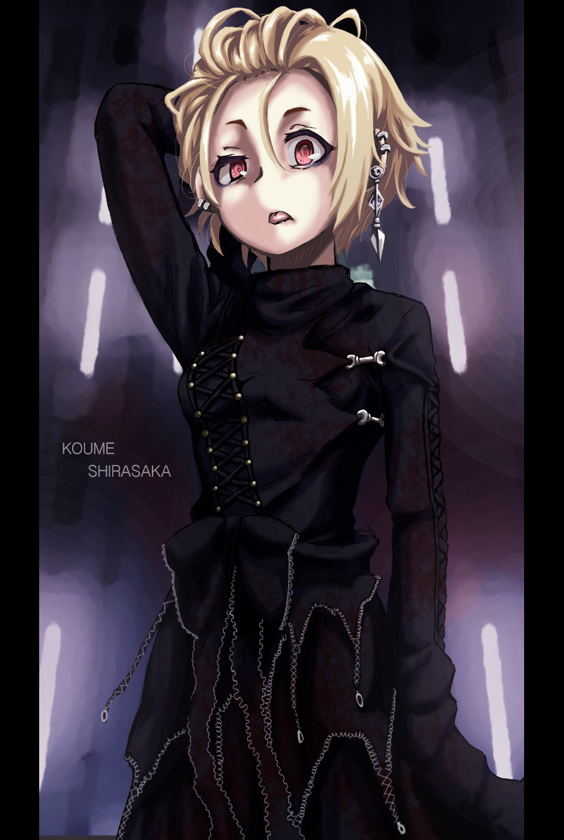 10s, 1girl, bags_under_eyes, blonde_hair, breasts, character_name, ear_piercing, earrings, female_focus, goth_fashion, hair_lift, hand_in_own_hair, highres, idolmaster, idolmaster_cinderella_girls, jewelry, otonashi_shizuko, piercing, raised_eyebrows, shirasaka_koume, short_hair, small_breasts, solo, tongue