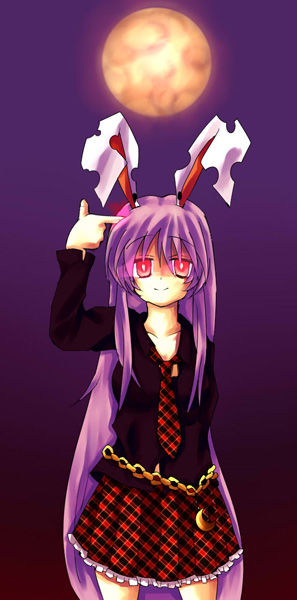 1girl, alternate_costume, animal_ears, bad_id, bad_pixiv_id, rabbit_ears, contemporary, culotte_(hosenrock), female_focus, finger_gun, finger_gun_to_head, gun_to_head, long_hair, moon, purple_hair, reisen_udongein_inaba, solo, suicide, touhou, watari_tanikiri