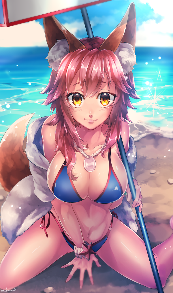 10s, 1girl, :3, animal_ears, bad_id, bad_pixiv_id, bikini, blue_bikini, breasts, cleavage, collarbone, fate/extra, fate/grand_order, fate_(series), female_focus, fox_ears, fox_tail, jewelry, kamuinii, large_breasts, looking_at_viewer, navel, necklace, ocean, pink_hair, sitting, solo, swimsuit, tail, tamamo_no_mae_(fate), tamamo_no_mae_(swimsuit_lancer)_(fate), wariza, yellow_eyes