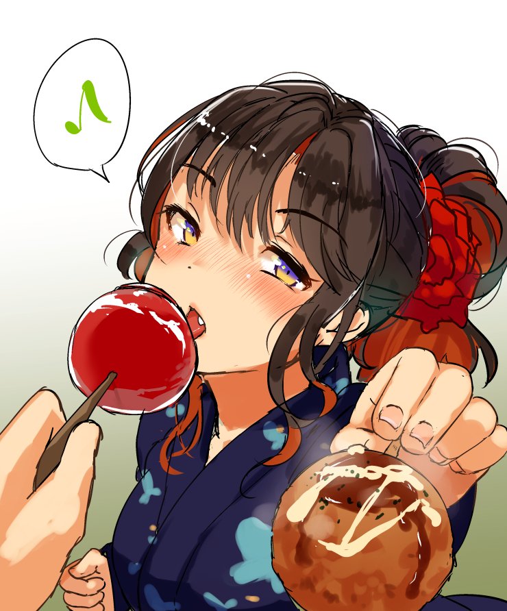 10s, 1girl, alternate_hairstyle, black_hair, blush, candy_apple, fang, feeding