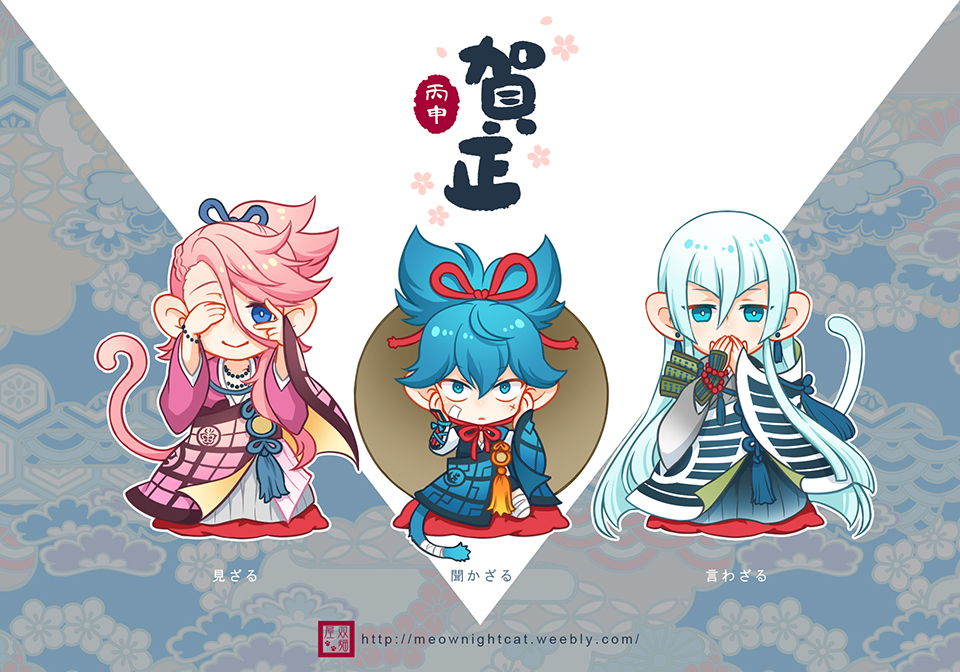10s, 3boys, :>, animal_ears, armor, blue_eyes, blue_hair, covering_one_eye