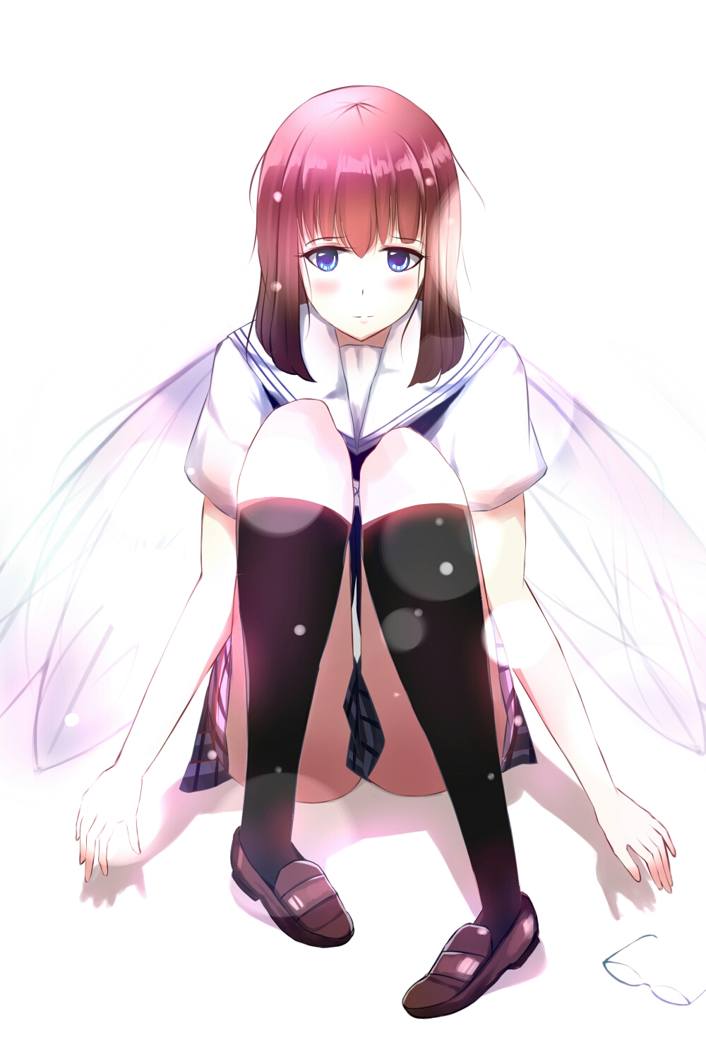 1girl, black_socks, blue_eyes, brown_hair, eyebrows, female_focus, glasses, hafrizalramad