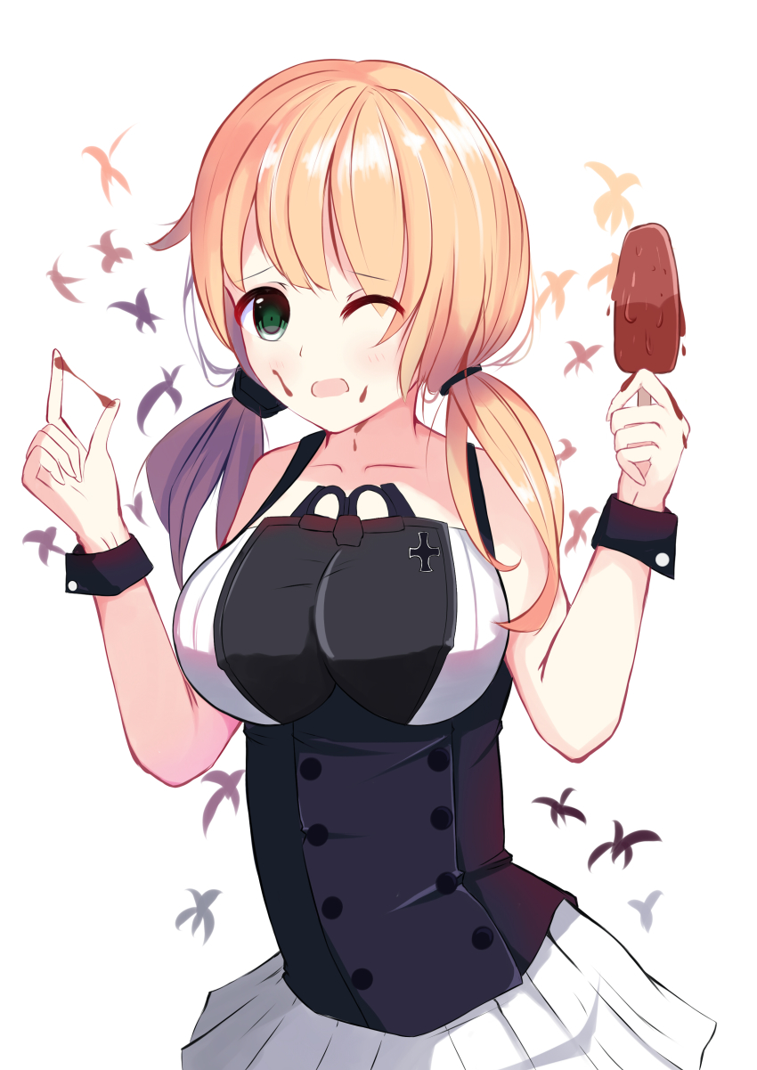 10s, 1girl, absurdres, alternate_breast_size, blonde_hair, chocolate, chocolate_on_face, collarbone, eyebrows, female_focus, food, food_on_face, green_eyes, hafrizalramad, hair_ornament, highres, ice_cream, kantai_collection, long_hair, one_eye_closed, pleated_skirt, prinz_eugen_(kancolle), skirt, solo, twintails, white_skirt