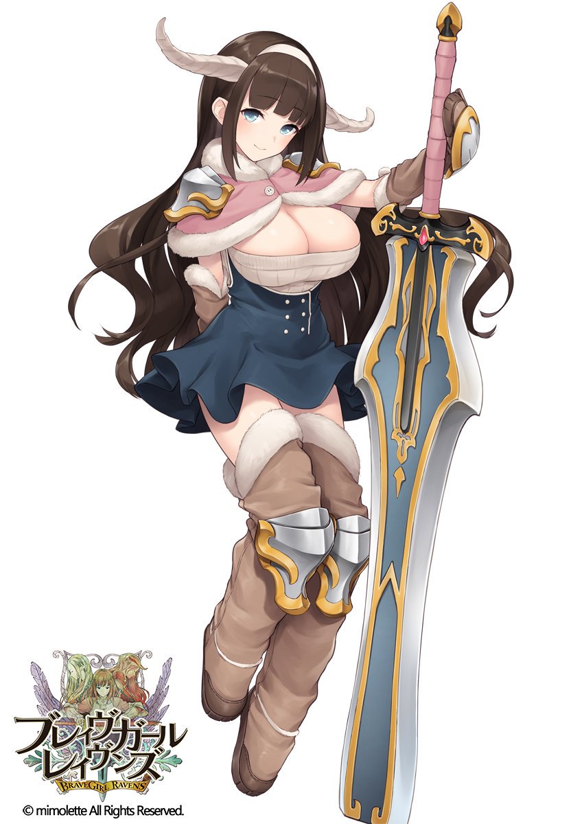 1girl, bad_id, bad_twitter_id, blue_eyes, brave_girl_ravens, breasts, brown_hair, capelet, cleavage, company_connection, copyright_name, dress, elbow_gloves, f-cla, female_focus, full_body, gloves, highres, horns, huge_weapon, image_sample, large_breasts, long_hair, looking_at_viewer, miruru_dize, short_dress, smile, solo, sword, thighhighs, weapon, white_background