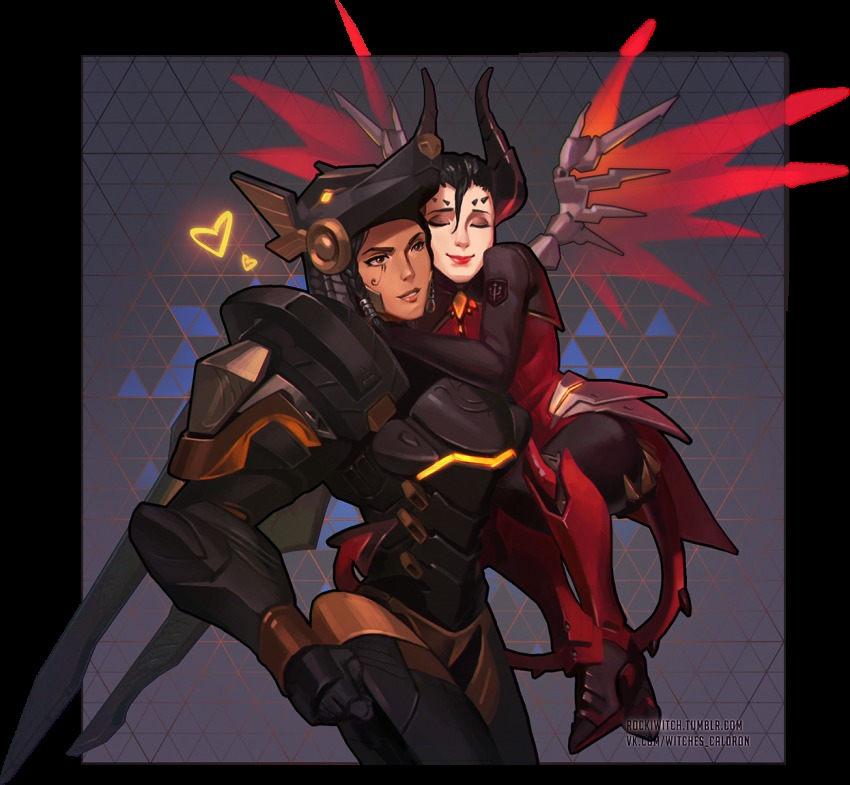 2girls, alternate_costume, anubis_pharah, armor, black_hair, bodysuit, braid, brown_eyes, carrying, clenched_hand, closed_eyes, cowboy_shot, dark-skinned_female, dark_persona, dark_skin, demon_horns, demon_tail, devil_mercy, emblem, eye_of_horus, eyeliner, eyeshadow, facial_mark, facial_tattoo, faulds, forehead_mark, full_body, gradient_background, greaves, grey_background, hair_between_eyes, hair_tubes, heart, helmet, horns, hug, lips, lipstick, makeup, mechanical_wings, mercy_(overwatch), multiple_girls, nose, overwatch, overwatch_1, parted_lips, pharah_(overwatch), power_armor, red_lips, red_wings, rokiwitch, side_braids, smile, spread_wings, tail, tattoo, watermark, web_address, wings, yuri