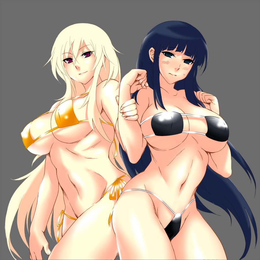 10s, 2girls, akino_(gokosei), bare_arms, bare_shoulders, bikini, black_bikini, black_eyes, black_hair, blonde_hair, blush, breasts, cleavage, closed_mouth, contrast, cowboy_shot, eyepatch_bikini, grey_background, highleg, highleg_bikini, hand_on_own_arm, ikaruga_(senran_kagura), large_breasts, leo_(senran_kagura), long_hair, multiple_girls, navel, purple_eyes, senran_kagura, senran_kagura_new_wave, side-tie_bikini_bottom, sidelocks, smile, stomach, strapless, strapless_bikini, swimsuit, underboob, very_long_hair, yellow_bikini
