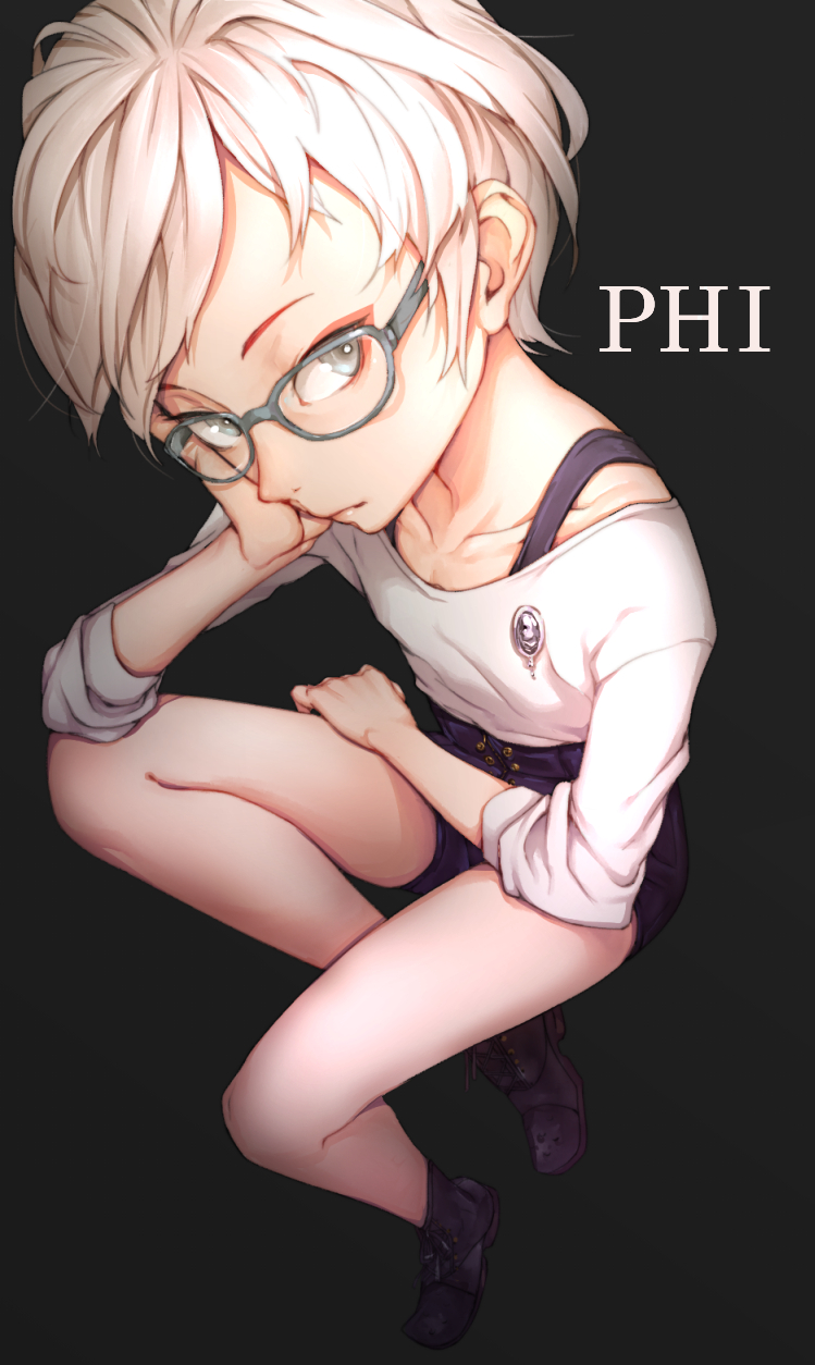 1girl, blue-framed_eyewear, blue_eyes, boots, character_name, female_focus, from_above, glasses, hand_on_own_cheek, hand_on_own_face, high-waist_shorts, highres, kyokugen_dasshutsu, looking_at_viewer, paxio44, phi_(kyokugen_dasshutsu), shorts, simple_background, sitting, solo, white_hair, zero_escape:_toki_no_dilemma