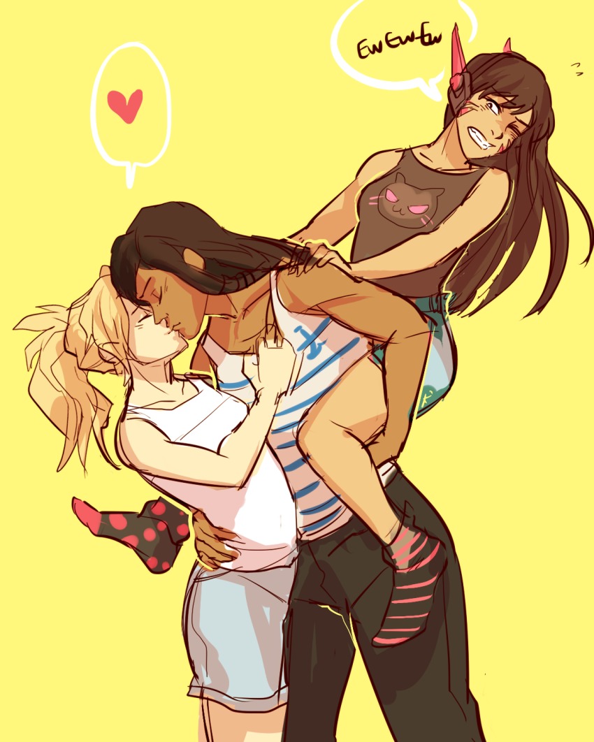 3girls, arm_around_another's_waist, asymmetrical_legwear, black_hair, blonde_hair, brown_hair, carrying, casual, closed_eyes, commentary, couple, d.va_(overwatch), dark-skinned_female, dark_skin, embarrassed, facial_mark, flying_sweatdrops, headphones, heart, height_difference, highres, interracial, kiss, mercy_(overwatch), mismatched_legwear, multiple_girls, nox_(pepperoni), one_eye_closed, overwatch, overwatch_1, pharah_(overwatch), piggyback, shorts, socks, spoken_heart, tank_top, whisker_markings, yellow_background, yuri