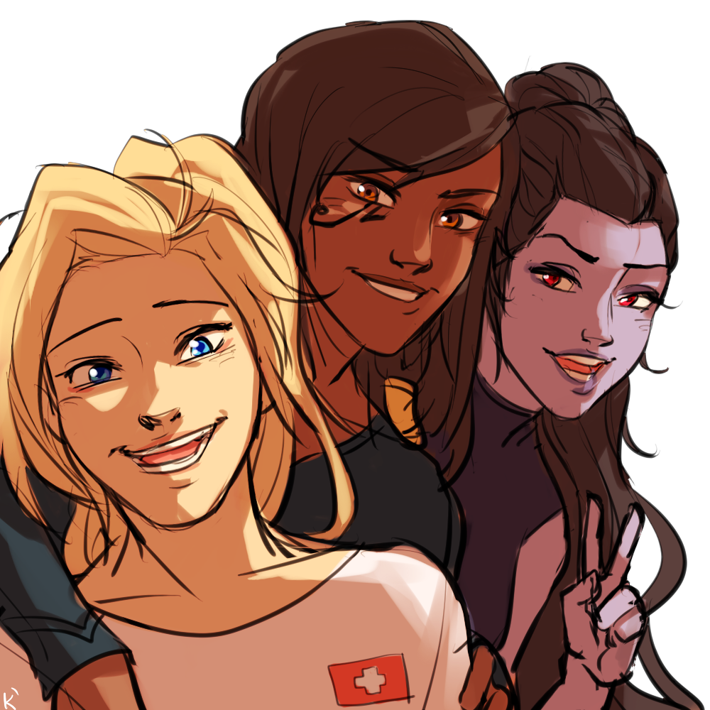 3girls, alternate_eye_color, black_hair, blonde_hair, blue_eyes, brown_eyes, brown_hair, casual