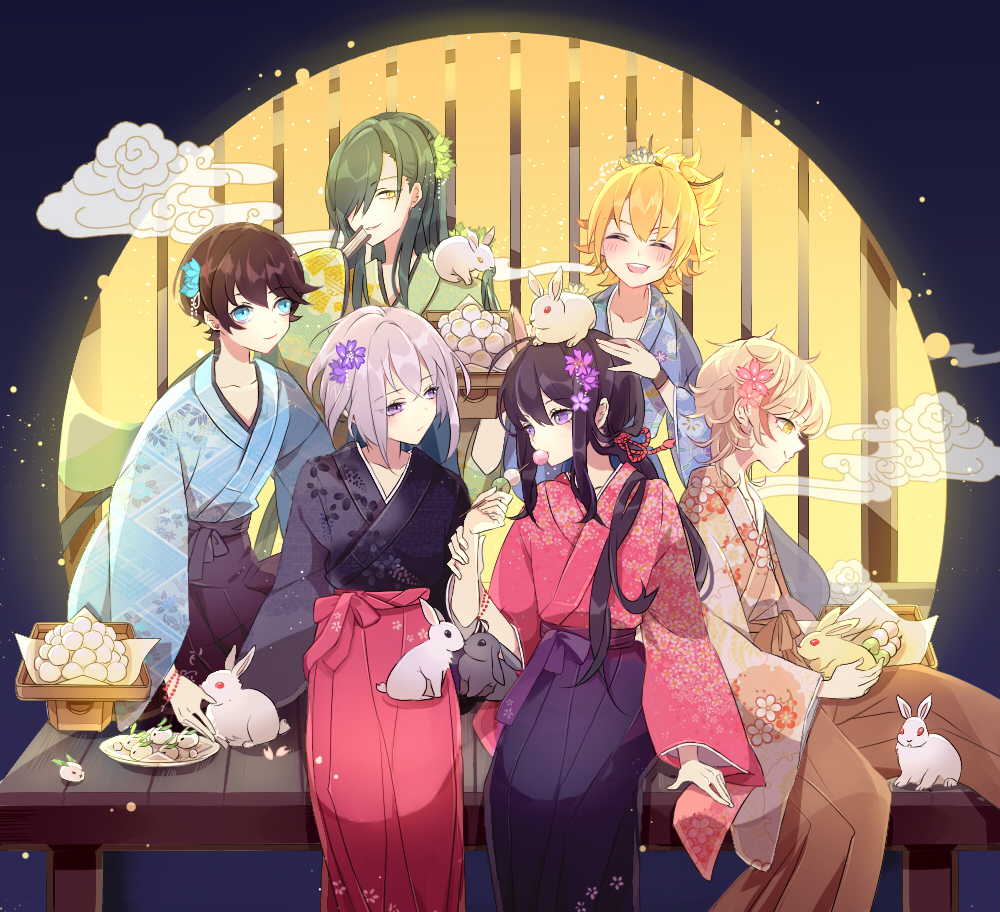 10s, 2333, 6+boys, ^_^, ahoge, animal, animal_on_head, black_hair, blonde_hair, blue_eyes, rabbit, closed_eyes, dango, eating, feeding, flower, folding_fan, food, green_hair, hair_flower, hair_ornament, hair_over_one_eye, hakama, hakama_skirt, hand_fan, honebami_toushirou, horikawa_kunihiro, japanese_clothes, male_focus, meiji_schoolgirl_uniform, monoyoshi_sadamune, multiple_boys, namazuo_toushirou, nikkari_aoe, on_head, open_mouth, orange_hair, ponytail, purple_eyes, sanshoku_dango, sitting, skirt, smile, touken_ranbu, trap, urashima_kotetsu, wagashi, white_hair, yellow_eyes