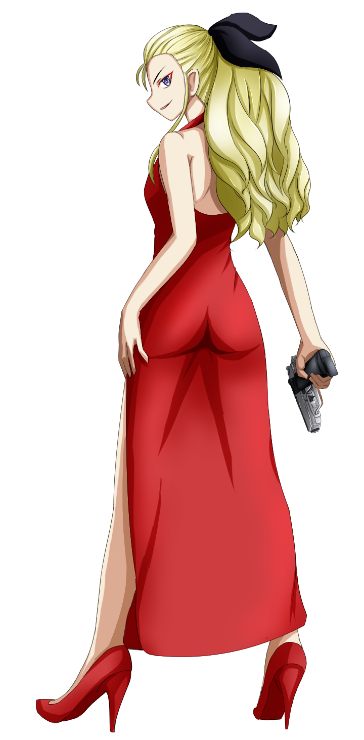 10s, 1girl, ass, assam_(girls_und_panzer), bare_shoulders, blonde_hair, dress, female_focus, from_behind, girls_und_panzer, gun, hand_on_thigh, handgun, high_heels, highres, long_dress, looking_back, luminous_neko, pistol, ponytail, smirk, solo, weapon, white_background
