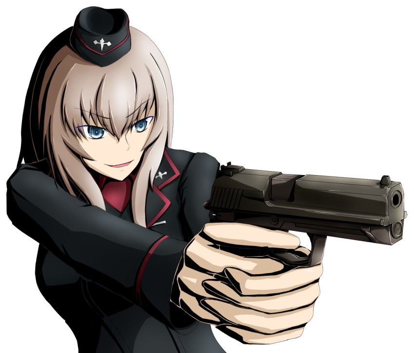 10s, 1girl, blue_eyes, female_focus, garrison_cap, girls_und_panzer, grey_hair, gun