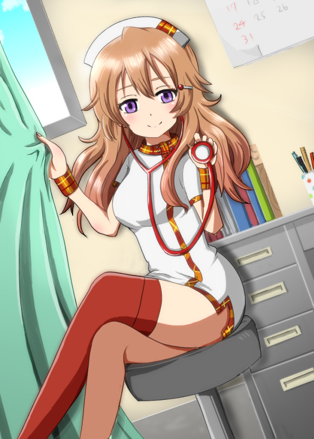 10s, 1girl, brown_hair, female_focus, hat, indoors, konoe_kanata, long_hair, looking_at_viewer, love_live!, love_live!_nijigasaki_high_school_idol_club, love_live!_school_idol_festival, nurse, nurse_cap, purple_eyes, sitting, smile, solo, tobi_(mylifekei)