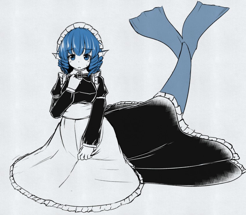 1girl, alternate_costume, apron, black_dress, blue_eyes, blue_hair, blue_theme, bow