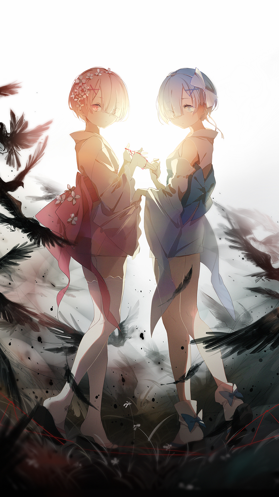 10s, 2girls, alternate_costume, bird, blue_eyes, blue_hair, bow, crow