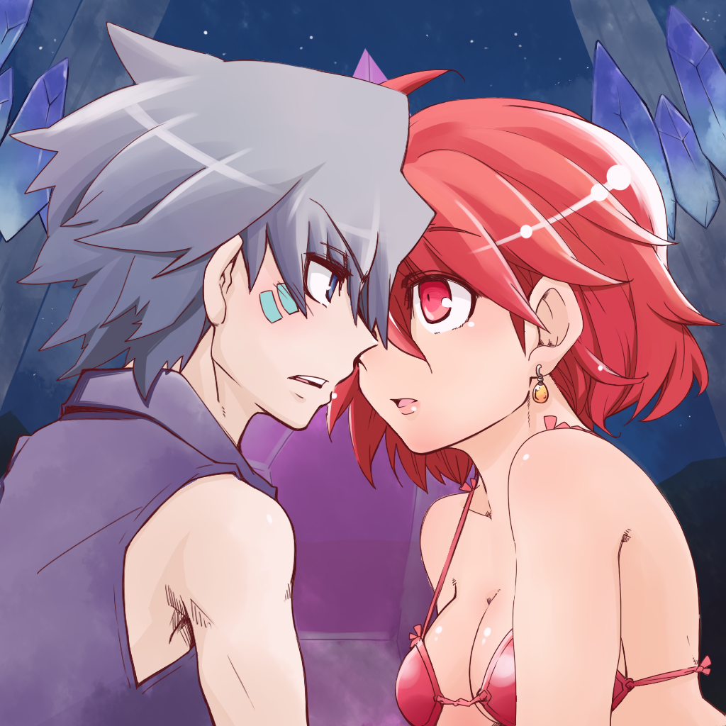 1boy, 1girl, ahoge, bikini, bikini_top_only, blue_eyes, breasts, couple, earrings, gig_(soul_cradle), jewelry, red_eyes, red_hair, revya_(female), rikuo_(whace), silver_hair, soul_cradle, swimsuit, vest