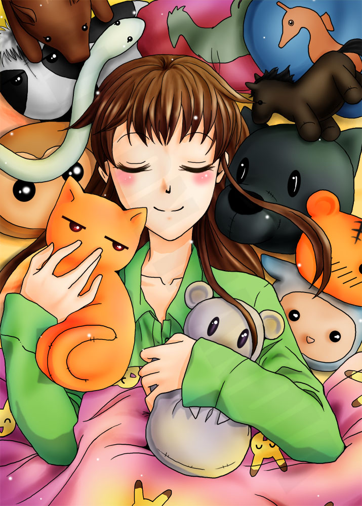 1girl, bird, boar, brown_hair, cat, character_doll, chicken, cow