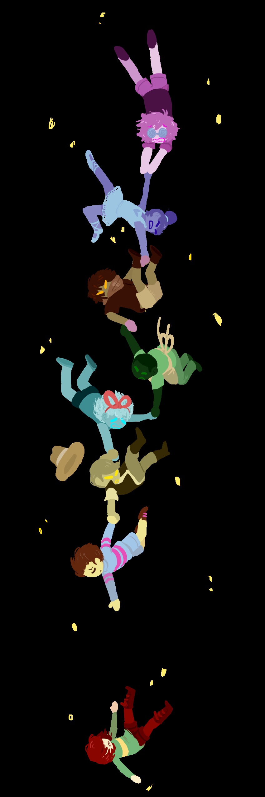 @_@, absurdres, apron, ballerina, bandana, boots, bravery_(undertale), brown_hair, chara_(undertale), commentary, cowboy_hat, dark_skin, falling, freckles, frisk_(undertale), glasses, gloves, hair_bun, hair_ribbon, hat, highres, holding_hands, integrity_(undertale), justice_(undertale), kindness_(undertale), long_image, multiple_monochrome, open_mouth, oxi_(oxidization), patience_(undertale), perseverance_(undertale), petals, ribbon, shirt, shorts, single_hair_bun, striped_clothes, striped_shirt, tall_image, transparent_background, tutu, undertale, unworn_hat, unworn_headwear, utdr_(toby_fox), vest