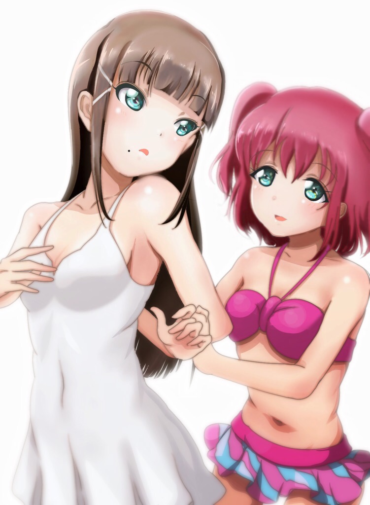 10s, 2girls, aqua_eyes, bikini, bikini_skirt, blunt_bangs, blush, breasts