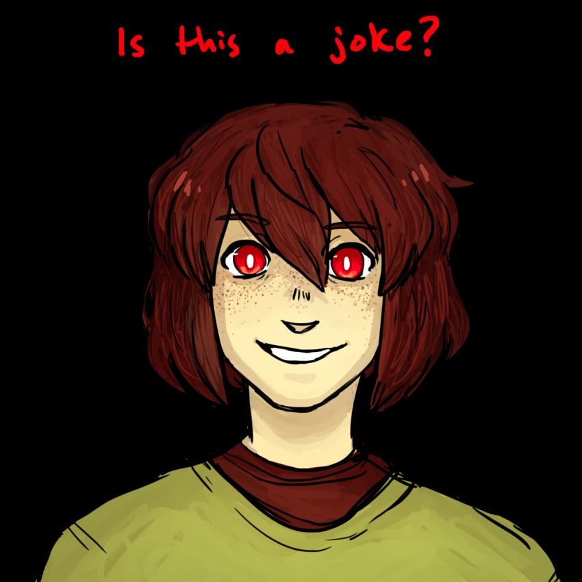 androgynous, brown_hair, chara_(undertale), commentary, english_text, freckles, gender_request, highres, looking_at_viewer, oxi_(oxidization), parted_lips, red_eyes, smile, solo, spoilers, transparent_background, undertale, utdr_(toby_fox)