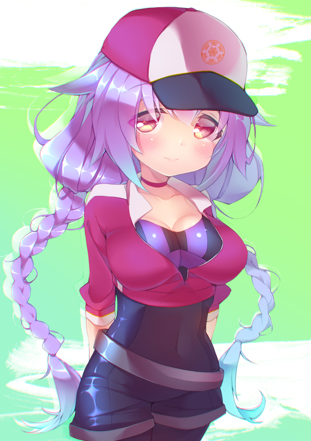 1girl, arms_behind_back, baseball_cap, blush, braid, breasts, brown_eyes, choker