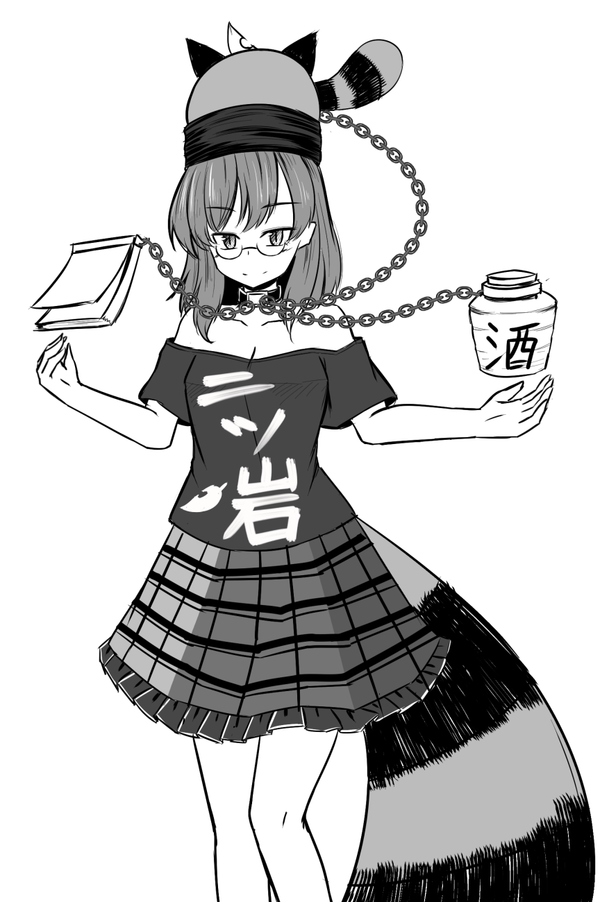 >:), 1girl, animal_ears, clothes_writing, cosplay, female_focus, futatsuiwa_mamizou, ganmaganmo, glasses, greyscale, hecatia_lapislazuli, hecatia_lapislazuli_(cosplay), highres, knees_together_feet_apart, leaf, leaf_on_head, miniskirt, monochrome, off-shoulder_shirt, off_shoulder, pince-nez, plaid_clothes, plaid_skirt, raccoon_ears, raccoon_tail, shirt, skirt, slit_pupils, smug, solo, tail, touhou, tsurime, v-shaped_eyebrows