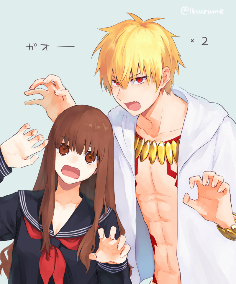 10s, 1boy, 1girl, abs, artist_name, blonde_hair, bracelet, brown_eyes