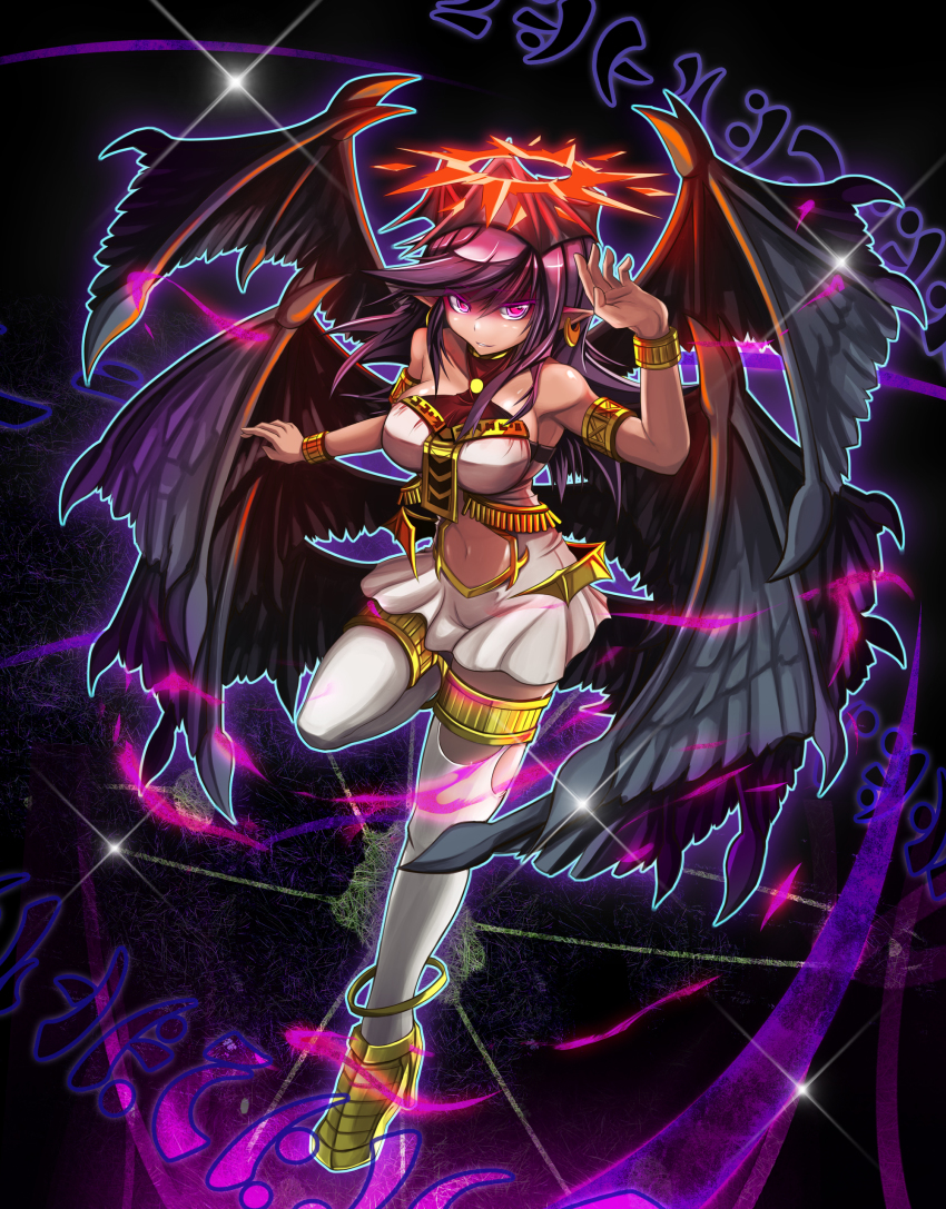 >:), 1girl, absurdres, angel_wings, armlet, armpits, bare_shoulders, black_wings