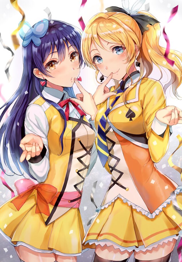 10s, 2girls, ayase_eli, blonde_hair, blue_eyes, blue_hair, earrings, finger_to_another's_mouth