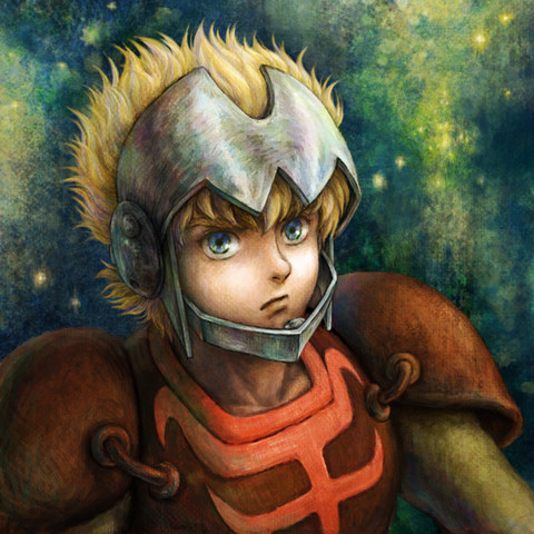 1boy, armor, blonde_hair, blue_eyes, jordy_vorder, kikou-kai_galient, lowres, male_focus, satou_toshio_(suisuisuisui), solo, upper_body