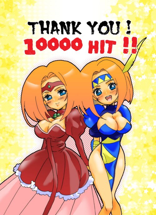 2girls, armor, bad_id, bad_twitter_id, blue_eyes, breasts, cleavage, dress, feathers, haou_taikei_ryuu_knight, milestone_celebration, large_breasts, lili&amp;lala, multiple_girls, nonko, shoulder_armor, siblings, sisters, twins