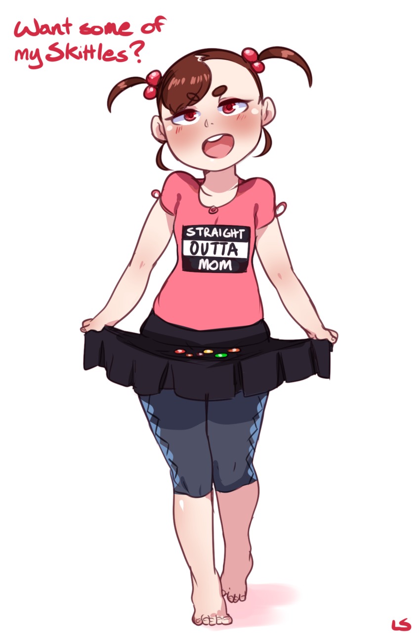 0lightsource, 1girl, barefoot, blush, brown_hair, candy, child, clothes_lift, english_text, female_focus, food, full_body, hair_bobbles, hair_ornament, highres, holding_own_skirt, illegal-tan, open_mouth, original, parody, red_eyes, short_twintails, simple_background, skirt, skirt_basket, skirt_lift, skittles, solo, standing, twintails, walking, white_background