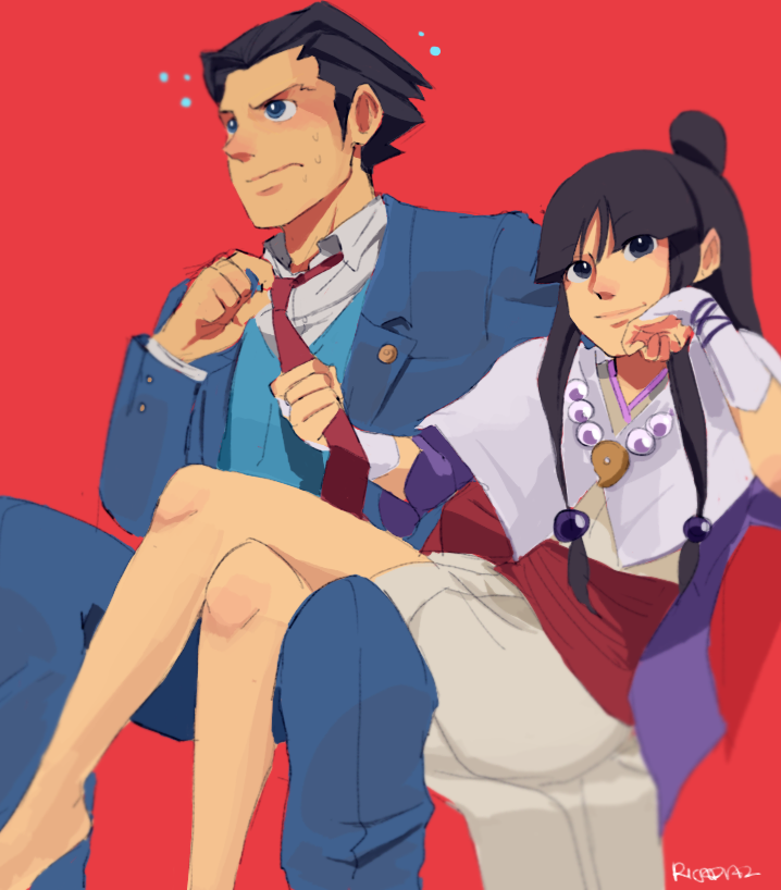 1boy, 1girl, ace_attorney, black_hair, blue_eyes, crossed_legs, flustered, formal_clothes, hair_bun, hair_ornament, hair_slicked_back, jewelry, long_hair, looking_at_viewer, looking_away, magatama, maya_fey, necklace, necktie, phoenix_wright, phoenix_wright:_ace_attorney_-_spirit_of_justice, red_background, red_necktie, rica_diaz, signature, single_hair_bun, smile, sphere_hair_ornament, suit