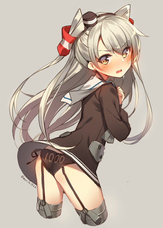 10s, 1girl, amatsukaze_(kancolle), ass, black_panties, blush, brown_eyes, choker, cropped_legs, dress, female_focus, flat_ass, garter_straps, grey_background, hairband, hands_on_own_chest, hat, kantai_collection, leaning_forward, long_hair, looking_back, mini_hat, moriki, open_mouth, panties, sailor_dress, short_dress, side-tie_panties, silver_hair, simple_background, solo, sweatdrop, thighhighs, twitter_username, two_side_up, underwear, wavy_mouth