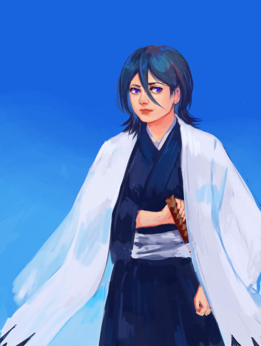 1girl, bleach, blue_background, blue_hair, cloak, female_focus, hair_between_eyes, highres