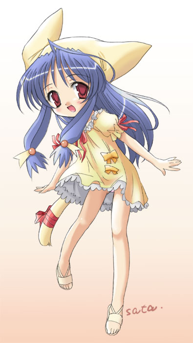 1girl, ahoge, animal_hat, artist_name, blue_hair, blush, chack_(chakku!_tsuiteru!!), chakku!_tsuiteru!!