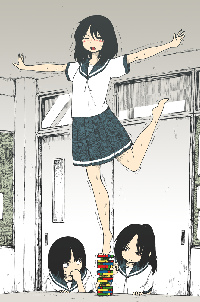 3girls, balancing, bare_legs, barefoot, black_hair, blush, classroom, closed_eyes