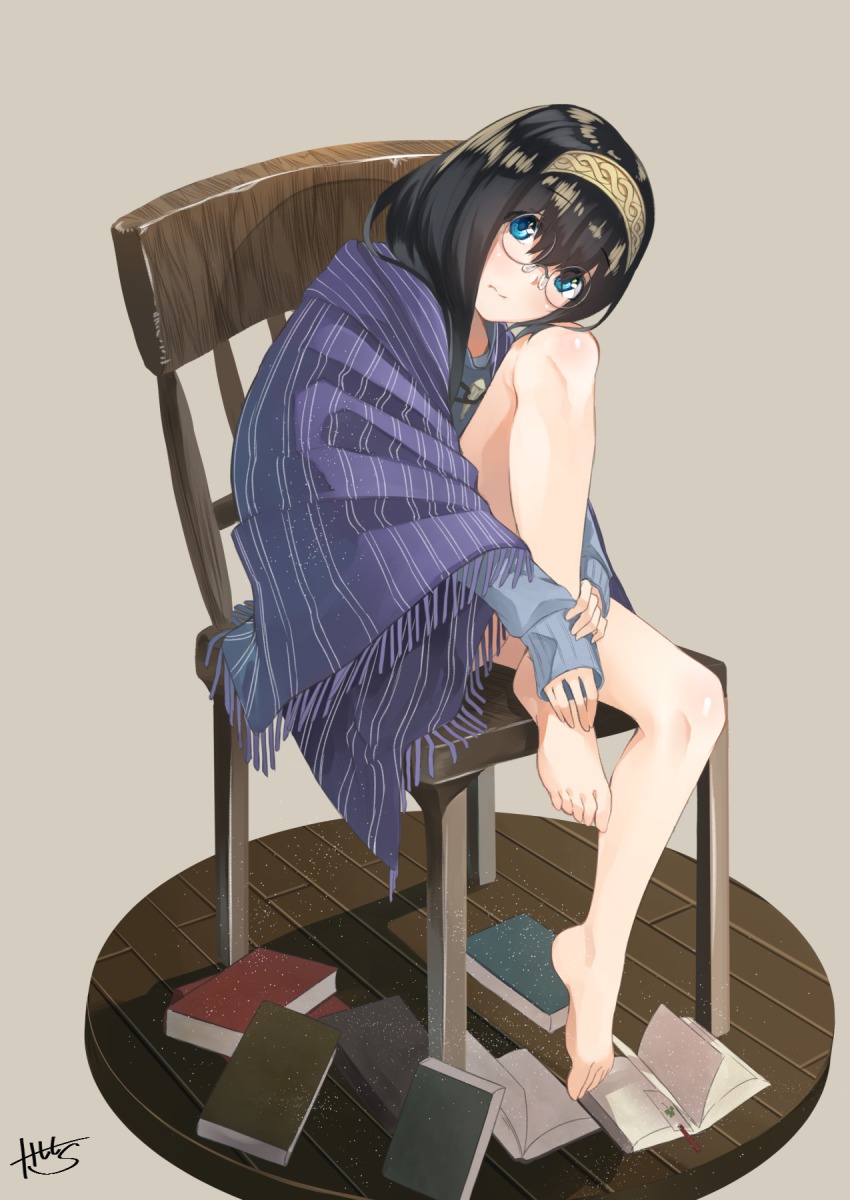 10s, 1girl, barefoot, black_hair, blue_eyes, blush, book, chair