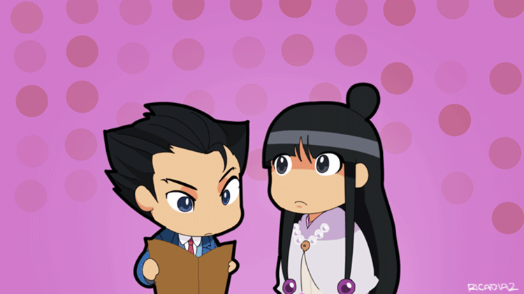 1boy, 1girl, ace_attorney, adjusting_another's_hair, adjusting_hair, animated, animated_gif, artist_name