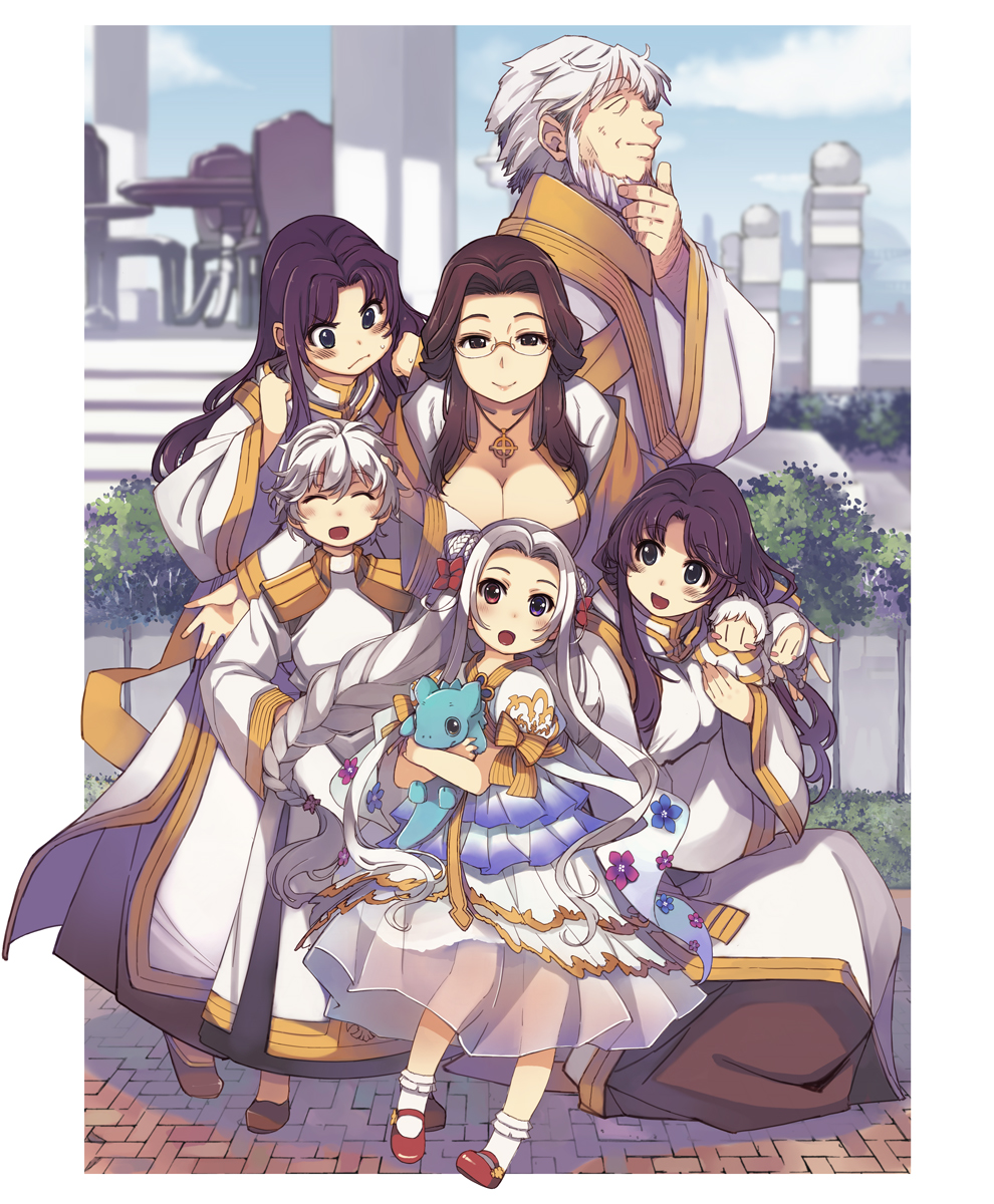 2boys, 4girls, ^_^, baby, beard, big_hair, blue_eyes, braid, breasts, brown_eyes, brown_hair, closed_eyes, cross, cross_necklace, doll, facial_hair, family, glasses, group_picture, heterochromia, highres, jewelry, large_breasts, long_hair, mil_(xration), mature_female, multiple_boys, multiple_girls, necklace, nemma, niren, panno, pope's_brother_(ragnarok_online), pope_(ragnarok_online), purple_eyes, purple_hair, ragnarok_online, semi-rimless_eyewear, silver_hair, smile, twin_braids, under-rim_eyewear, zhed
