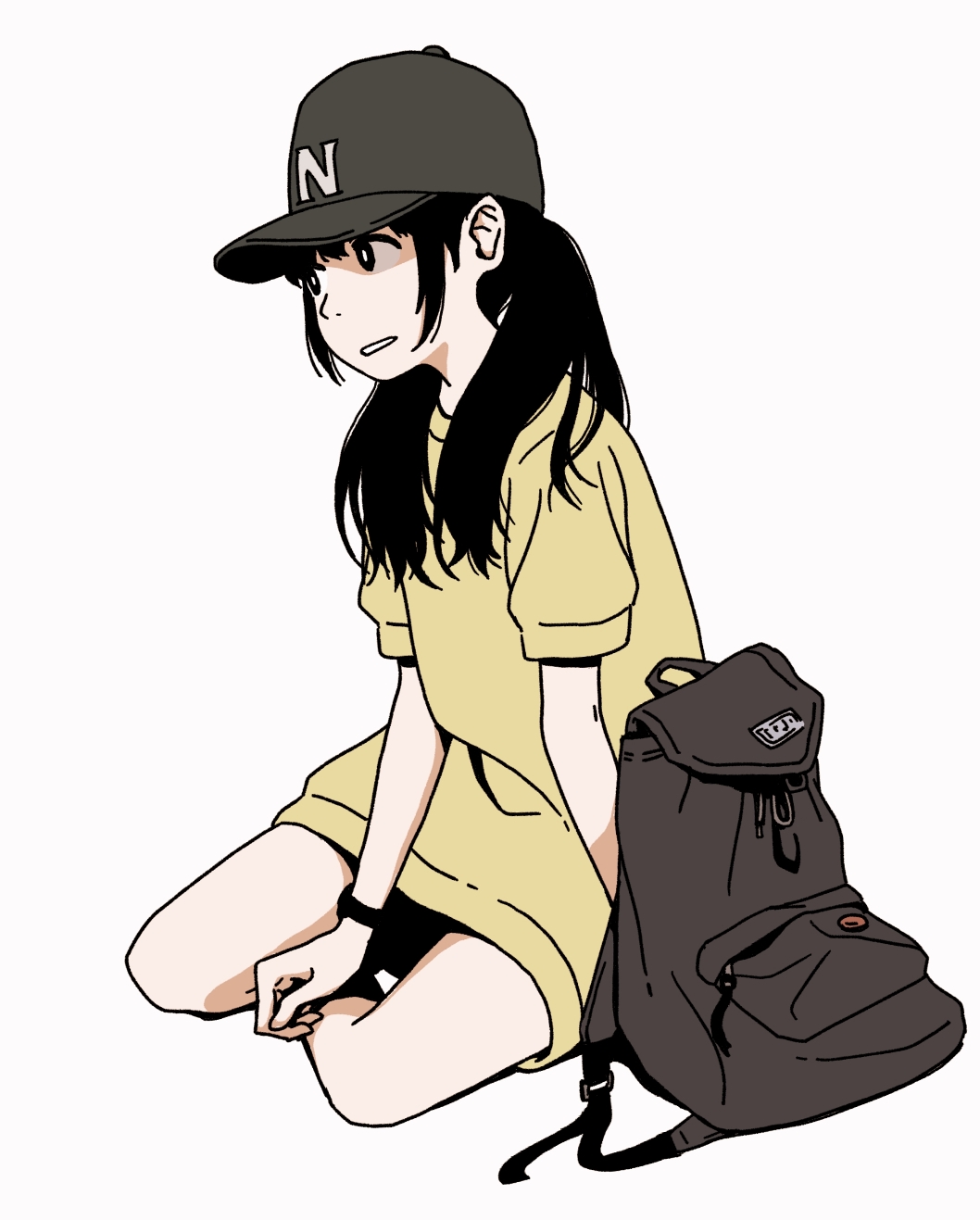 1girl, backpack, bag, baseball_cap, black_eyes, bracelet, female_focus, full_body