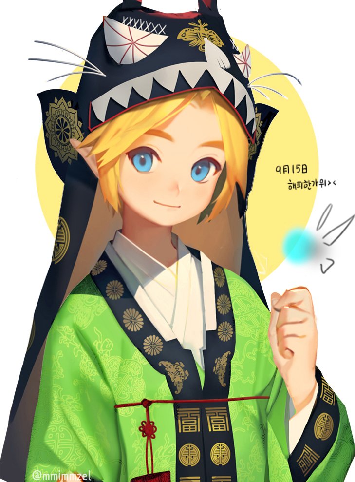 1boy, blonde_hair, blue_eyes, jeonbok, korean_clothes, korean_text, korean_traditional_hat, link, maedeup, male_focus, mimme_(haenakk7), navi, nintendo, pointy_ears, solo, the_legend_of_zelda