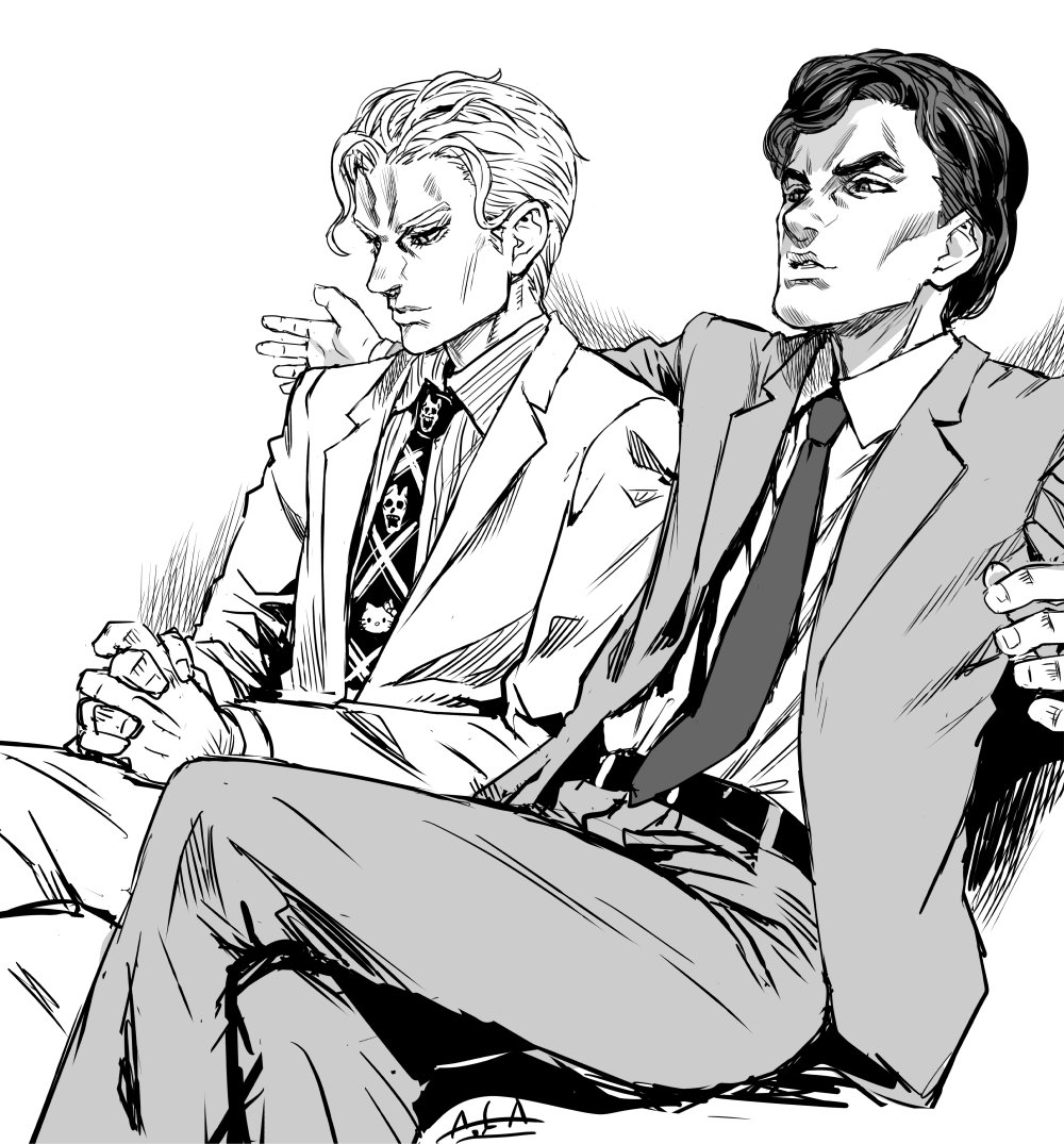 2boys, araki_hirohiko_(style), arm_around_neck, asanagi, blouse, crossed_legs, extra, formal_clothes, greyscale, hello_kitty, jojo_no_kimyou_na_bouken, kira's_co-worker, kira_yoshikage, male_focus, monochrome, multiple_boys, necktie, own_hands_together, sanrio, shirt, simple_background, sitting, striped_clothes, striped_shirt, suit
