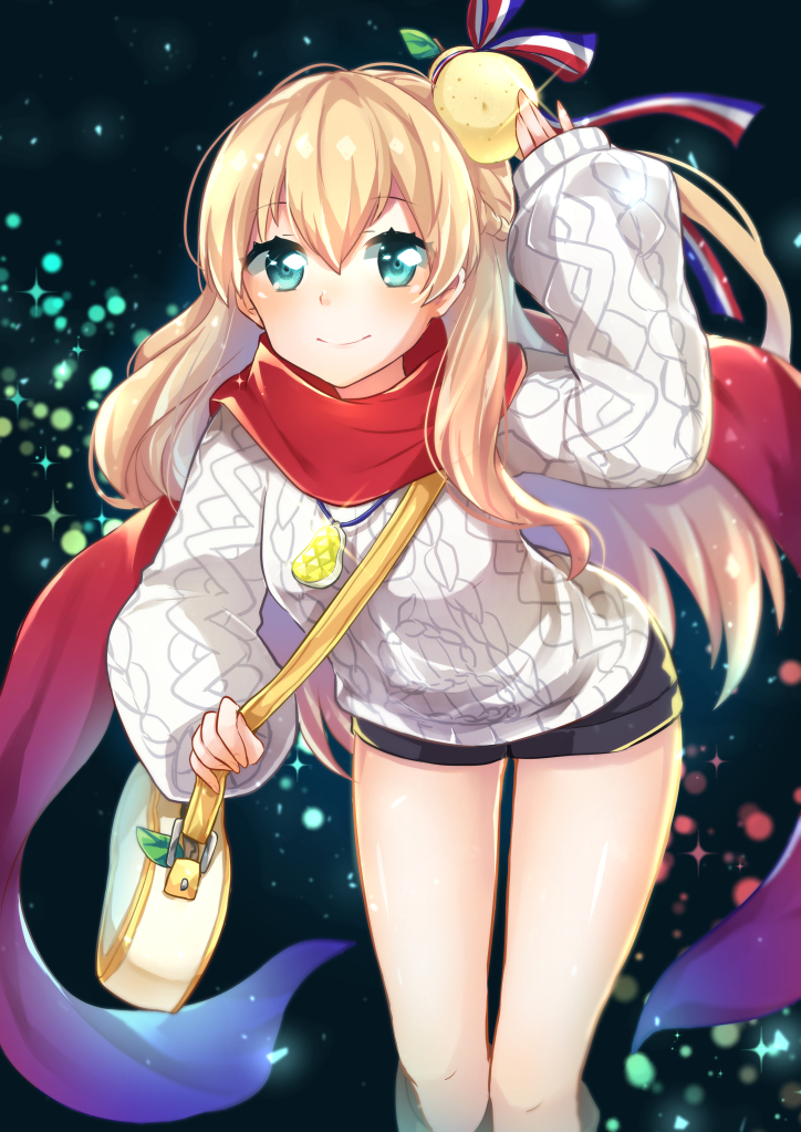 1girl, bag, black_shorts, blonde_hair, blue_eyes, blurry, blush, bokeh