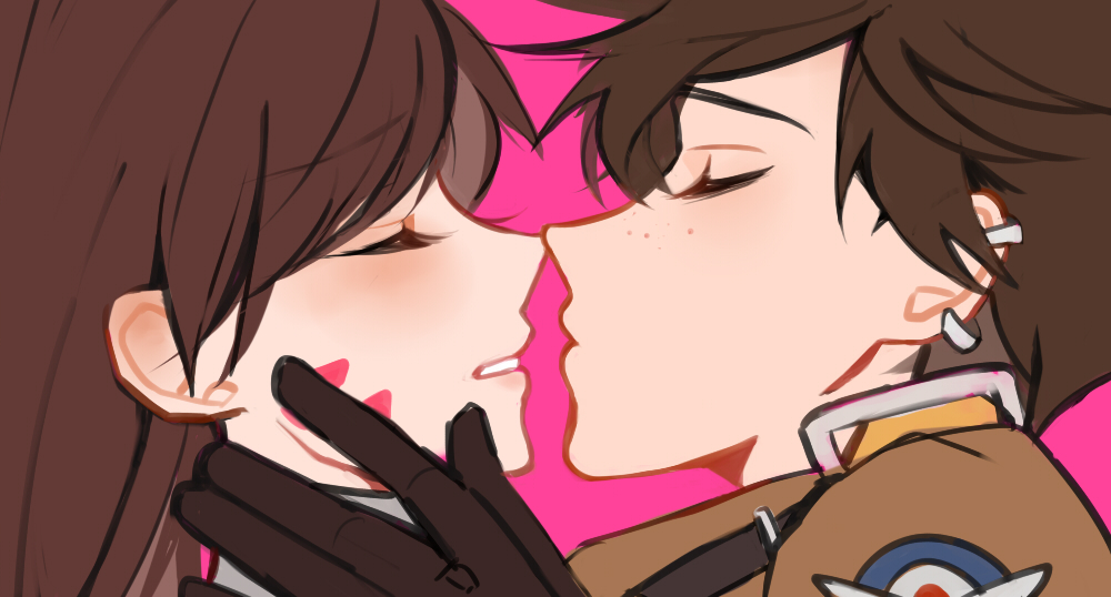 2girls, bjmaki, bomber_jacket, brown_gloves, brown_hair, brown_jacket, closed_eyes, d.va_(overwatch)