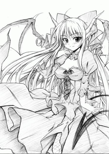 00s, 1girl, bat_wings, breasts, demon_girl, female_focus, goth_fashion, greyscale