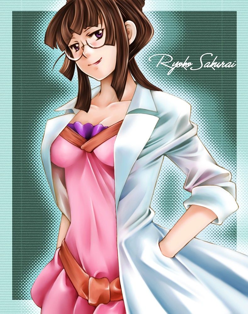 10s, 1girl, blunt_bangs, breasts, brown_hair, character_name, cleavage, collarbone, dress, eyebrows, female_focus, glasses, green_background, hair_up, hands_in_pockets, hime_cut, lab_coat, lipstick, makeup, medium_breasts, pink_dress, pink_lips, purple_eyes, sakurai_ryouko, sakuran_(riddle_riddle), senki_zesshou_symphogear, solo