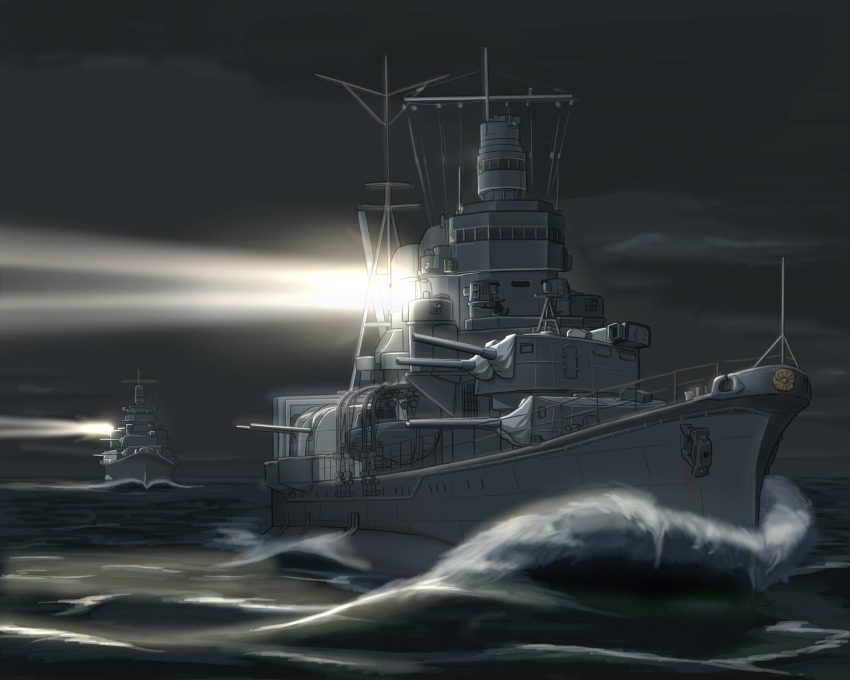 anchor, aoba_(cruiser), commentary_request, cruiser, highres, imperial_japanese_navy, military, military_vehicle, night, no_humans, ocean, original, outdoors, railing, searchlight, ship, ship_turret, shiro_yukimichi, sky, wake_(wave), warship, water, watercraft, waves, world_of_warships, world_war_ii