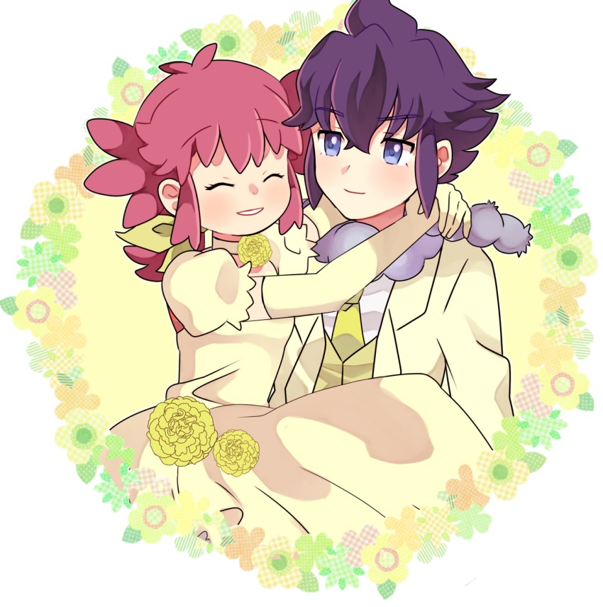 1boy, 1girl, ^_^, alain_(pokemon), bad_id, bad_pixiv_id, black_hair, carrying